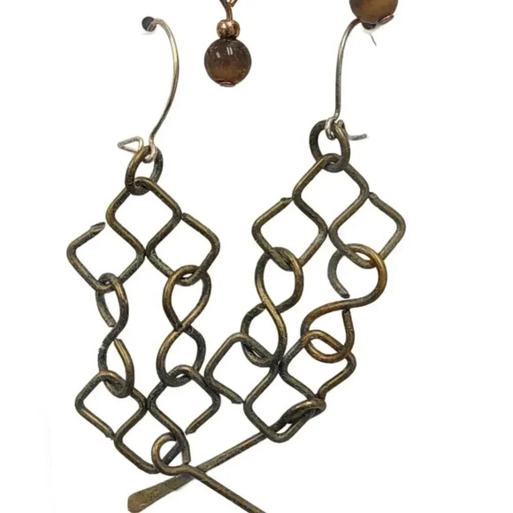 Vintage 60s-70s Beaded Geometric Link Dangle Hook Earrings Set of Two Brass Tone - Picture 1 of 2